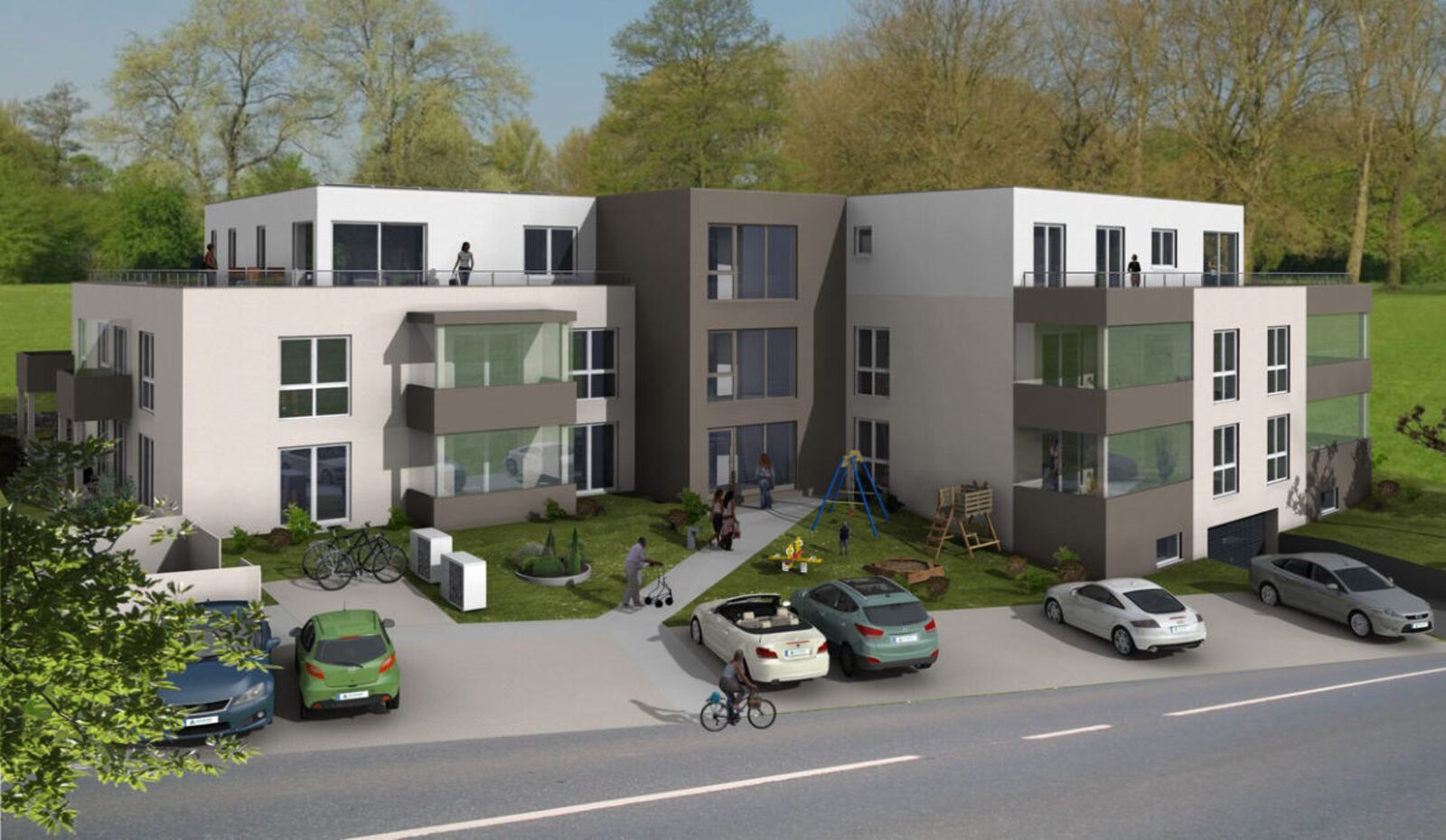 Ansicht des Neubaus mit Gartenbereich und Spielbereich